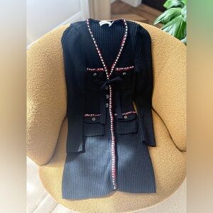 Self-Portrait Black Ribbed Knit Long Sleeve Blazer Dress with Red and Cream Trim